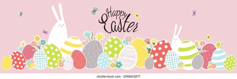 Easter banner with eggs and rabbits in flat style. Spring holiday poster with inscription. For decoration of the hat of the website and printing house.
