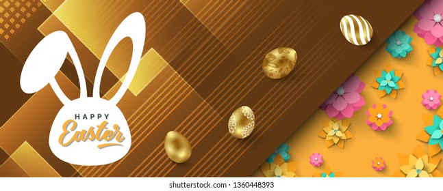 Easter banner with eggs, spring flowers, text space in shape bunny. Vector illustration