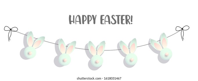 Easter banner. Elegant design of holiday discounts. Garland of Rabbits. Inscription. Stains. Vector illustration. Happy easter. Shabby chic style. retro. White. minimalism