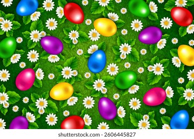 Easter banner with a field of colorful eggs in flowers