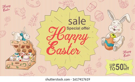 Easter banner, up to fifty percent discount, special offer, a box of colored eggs, and a sitting rabbit, in the style of a children's Doodle illustration, for the design design vector EPS 10