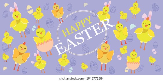 Easter banner. Flat style. Different Chickens Easter Holiday Blue Background. Funny birds. Vector.Illustration.Christian holiday