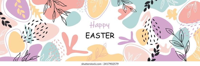 Easter banner, floral design with lettering and eggs. Easter card. Vector.