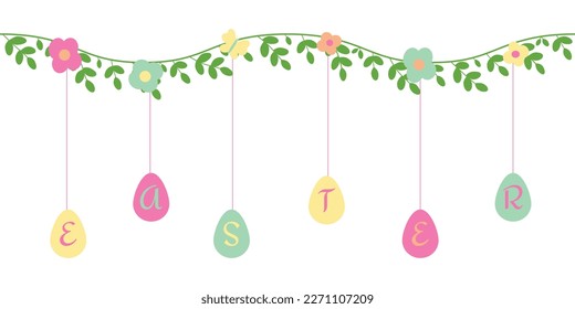 Easter banner. Floral garland and eggs. Festive border. Vector illustration.