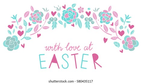 Easter banner. Flowers, berries, leaves, branches hand drawn isolated on white background. Hand written font, lettering