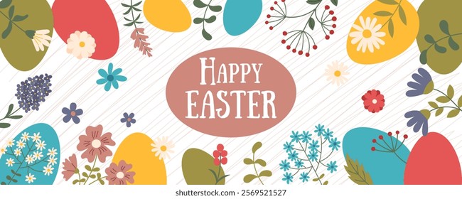 Easter banner with flowers and Easter eggs. Vector spring background in flat style.