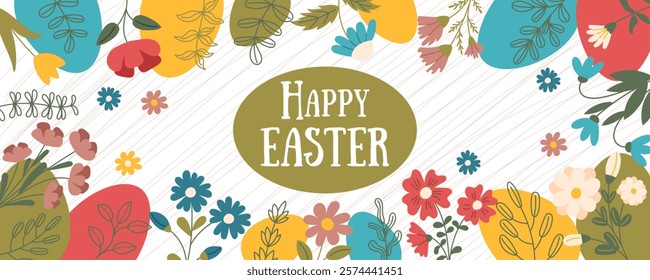 Easter banner with flowers and Easter eggs. Vector spring background in flat style.