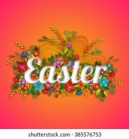 Easter banner with flowers in quilling technique. Vector illustration.
