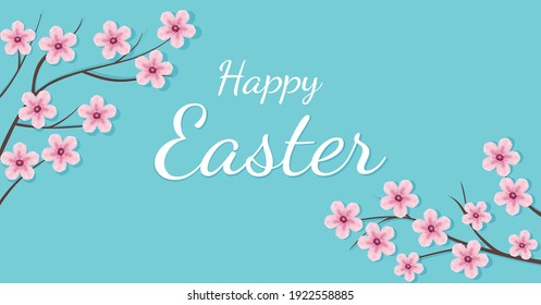 Easter banner with flowers and text. Vector illustration