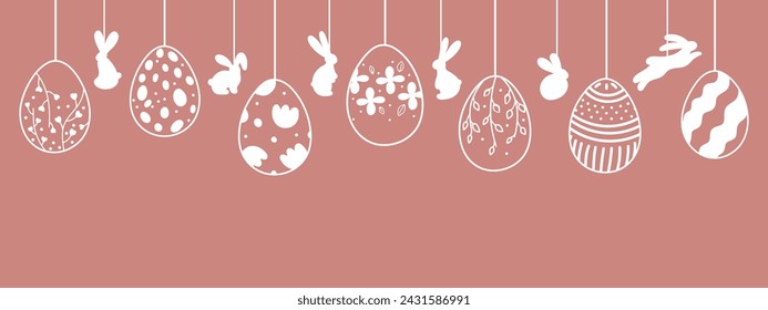 Banner de Pascua con guirnalda de huevos de Pascua vintage y conejitos sobre fondo rosa con lugar para texto. Guirnalda con siluetas de huevos vintage suspendidos en cuerdas con conejitos. Estilo Doodle.	
