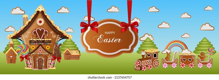 easter banner with gingerbread cookies. gingerbread landscape with train and houses