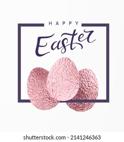 Easter banner with golden rose foil paper eggs on white background. Pink metallic elements. Vector greeting card template