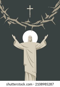 Easter banner or greeting card with a crown of thorns, a cross and the risen Jesus Christ with outstretched arms on a dark background. Vector illustration on a religious theme with the Son of God