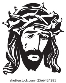 Easter banner or greeting card with portrait of crying Jesus Christ wearing crown of thorns on light background. Vector illustration on religious theme with Son of God