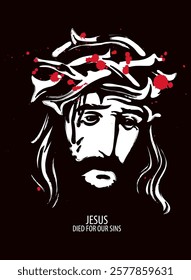 Easter banner or greeting card with portrait of crying Jesus Christ wearing crown of thorns on light background. Vector illustration on religious theme with Son of God