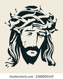 Easter banner or greeting card with portrait of crying Jesus Christ wearing crown of thorns on light background. Vector illustration on religious theme with Son of God