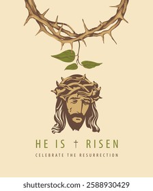 Easter banner or greeting card with portrait of crying Jesus Christ wearing crown of thorns and a young twig on light background. Vector illustration on religious theme with Son of God