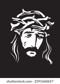 Easter banner or greeting card with portrait of crying Jesus Christ wearing crown of thorns on light background. Vector illustration on religious theme with Son of God