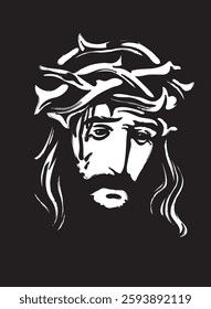 Easter banner or greeting card with portrait of crying Jesus Christ wearing crown of thorns on dark background. Vector illustration on religious theme with Son of God