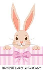 Easter banner, greeting card, or poster template. A cute design featuring a bunny emerging from a gift box.