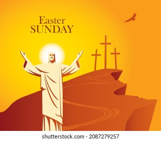 Easter banner or greeting card with the resurrected Jesus Christ with a halo and outstretched arms on the background of a mount Calvary with three crosses. Vector illustration with words Easter SUNDAY