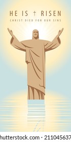 Easter banner or greeting card with the Son of God Jesus Christ walking on the water with outstretched arms. Religious vector illustration with the inscription He is risen, Christ died for our sins