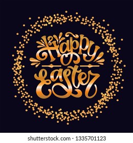 Easter banner, greeting card template. Golden egg design element with handwritten doodle lettering inscription. Modern calligraphy. Vector illustration - Vector