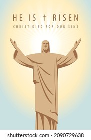 Easter banner or greeting card with the words He is risen, Christ died for our sins. Vector illustration on a religious theme with the resurrected Jesus Christ with shining halo and outstretched arms