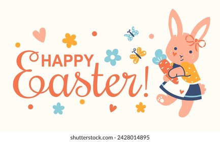 Easter banner with greeting and cute bunny girl. Funny spring background. Horizontal vector holiday concept.