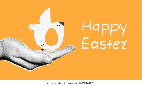 Easter banner with halftone hand and bird with egg. Vector vintage collage. 