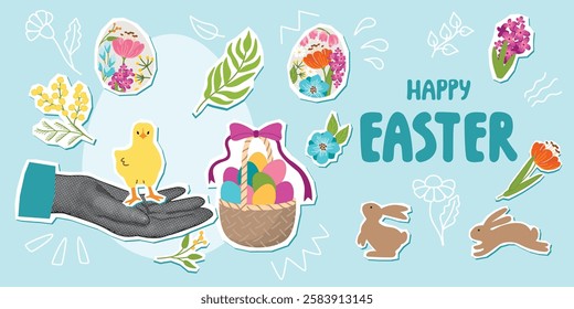 Easter banner with halftone hand and chick. Festive collage with paper cut shapes. Basket with eggs, rabbits, flowers,hand written. Blue background with doodle elements. Vector flat  illustration.