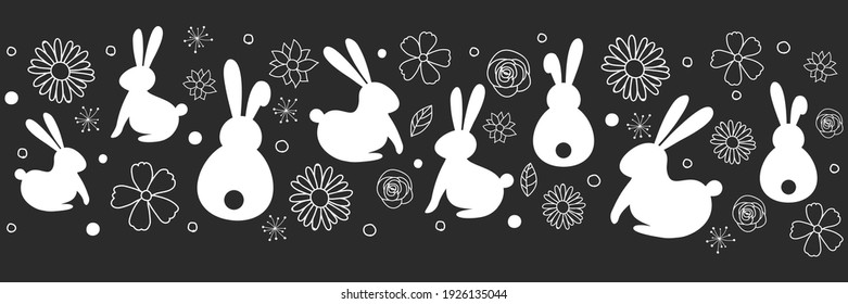 Easter banner with hand drawn bunnies and flowers. Vector