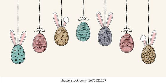 Easter banner with hand drawn eggs and bunnies. Vector