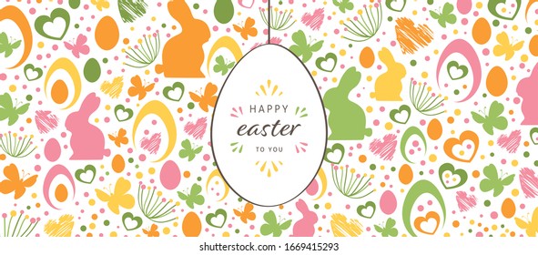 Easter banner with hand drawn hanging egg greetings, bunnies, butterflies and flowers. Doodles and sketches vector vintage illustrations, DIN A6.