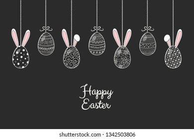 Easter banner with hanging eggs and funny bunnies. Vector