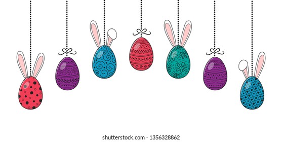 Easter banner with hanging eggs and funny bunnies. Vector