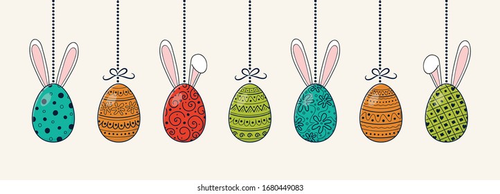 Easter banner with hanging eggs and funny bunnies. Vector
