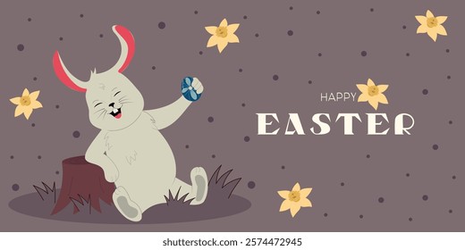 Easter banner with happy bunny. Hand drawn flat cartoon rabbit with egg. Holiday vector illustration