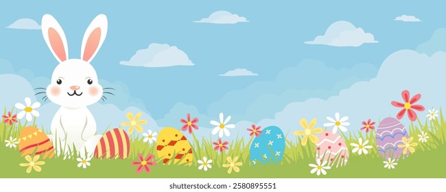 Easter banner, Happy Easter, decorated, card, poster. Bunny, Easter eggs and spring flowers. Egg hunt. Holiday vector illustration.