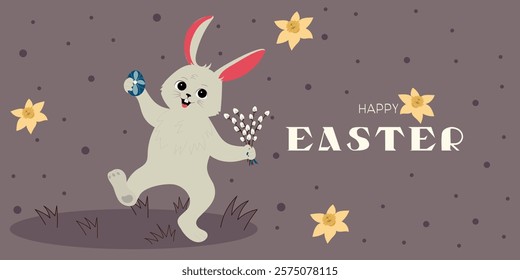 Easter banner with happy hare. Hand drawn flat cartoon rabbit with egg. Holiday vector illustration