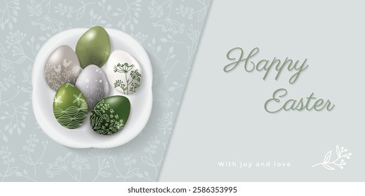 Easter banner and Happy Easter. Trendy Easter design with hand-decorated Easter eggs in pastel green and grey colors. Modern  elegant style. Horizontal poster, greeting card, website header