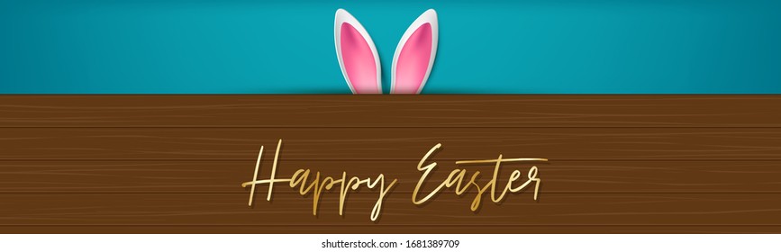 Easter banner or header background with bunny ears under wooden board. Vector illustration.