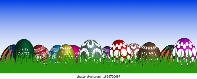 Easter banner, holiday cover, poster, flyer design in 3d realistic style with grass and gradient, greeting card. Modern minimal design for social media, sale, advertisement, web.