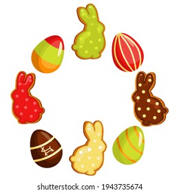 Easter banner holiday, with Easter eggs and gingerbread cookies arranged in a circle. Vector