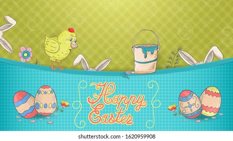 Easter banner with an inscription for congratulations in the style of children's Doodle, paint bucket, chicken painted eggs and rabbit ears sticking out of the pocket for feeding the design vector EPS