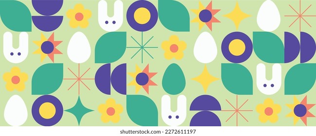 Cartel de Pascua. Moderno estilo minimalista. Ilustración vectorial plana. Patrón moderno y sin fisuras con hojas, flores, conejo y huevos. Plantilla horizontal divertida. Elementos aislados. Cabecera personalizada para el sitio web. 