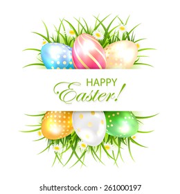 Easter banner with multicolored eggs in a grass, illustration.