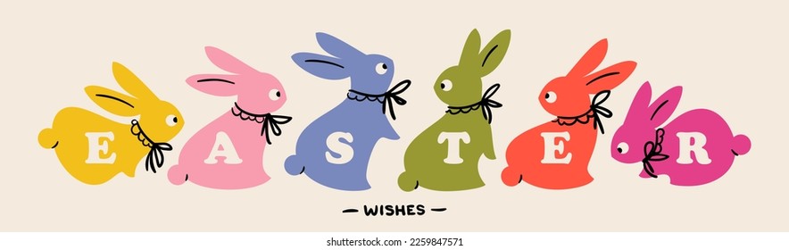 Easter banner with multicolored rabbits. Elegant vector illustration of lovely bunnies with bows. Playful design for seasonal poster or greeting card