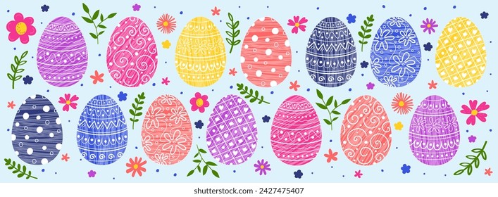 Easter banner with ornaments. Colourful background with hand painted eggs and flowers. Panoramic header. Vector illustration