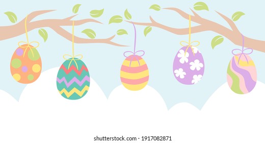 Easter banner with painted egg hanging from tree branches